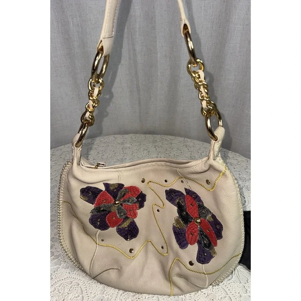 Vtg NEW Chi by Falchi Floral Leather Pebbled Shoulder Handbag SnakeSkin‎ Cream